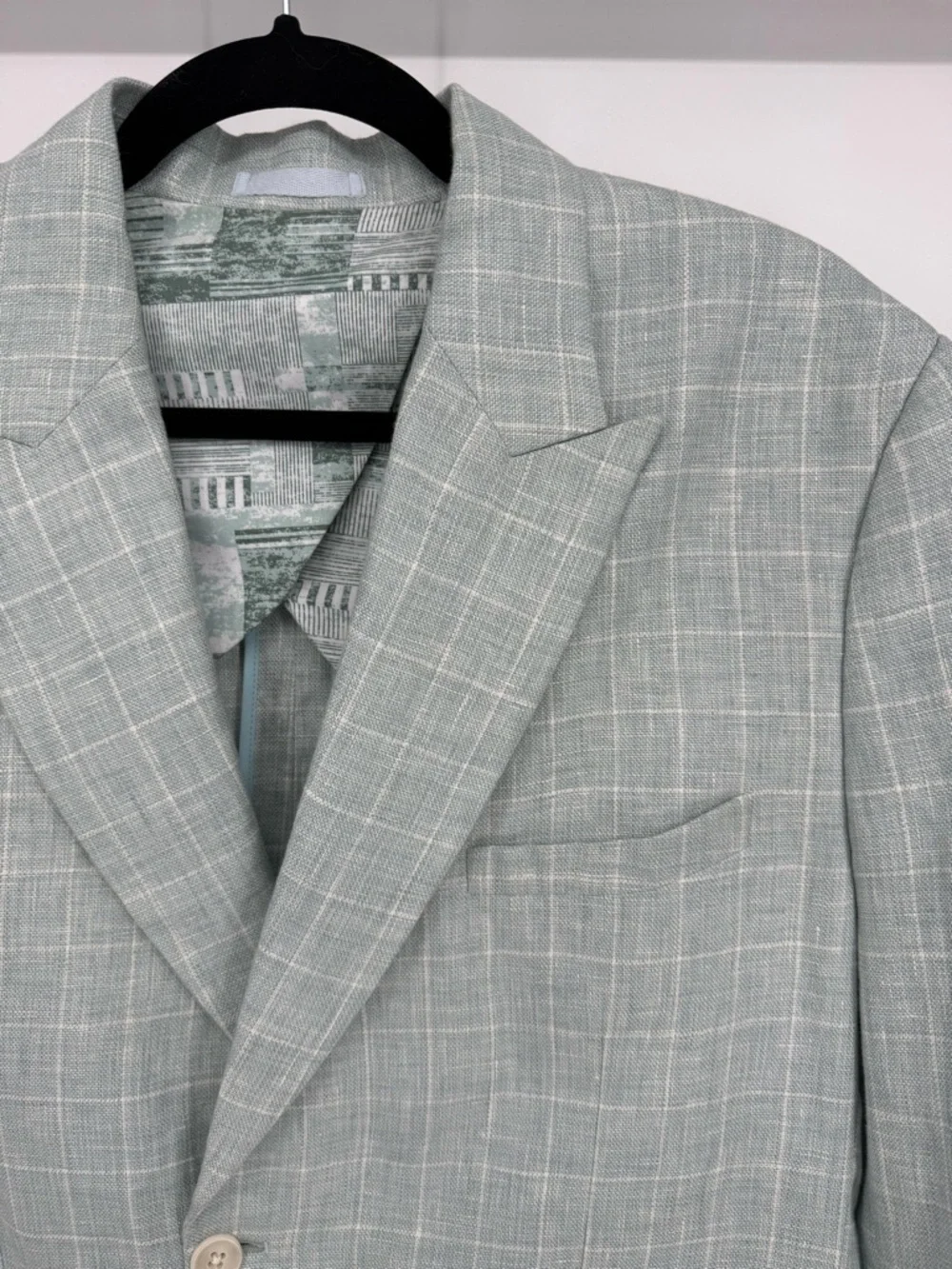 ASUKA Windowpane Blazer Cotton Linen Blend Lightweight Tailored Jacket Seafoam